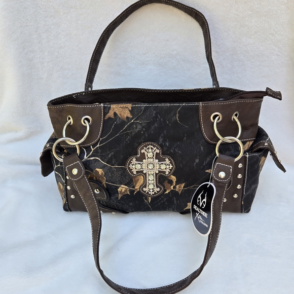 Realtree Camouflage Rhinestone Cross Bling Stud Purse Handbag Shoulder Brown NWT - Picture 1 of 16